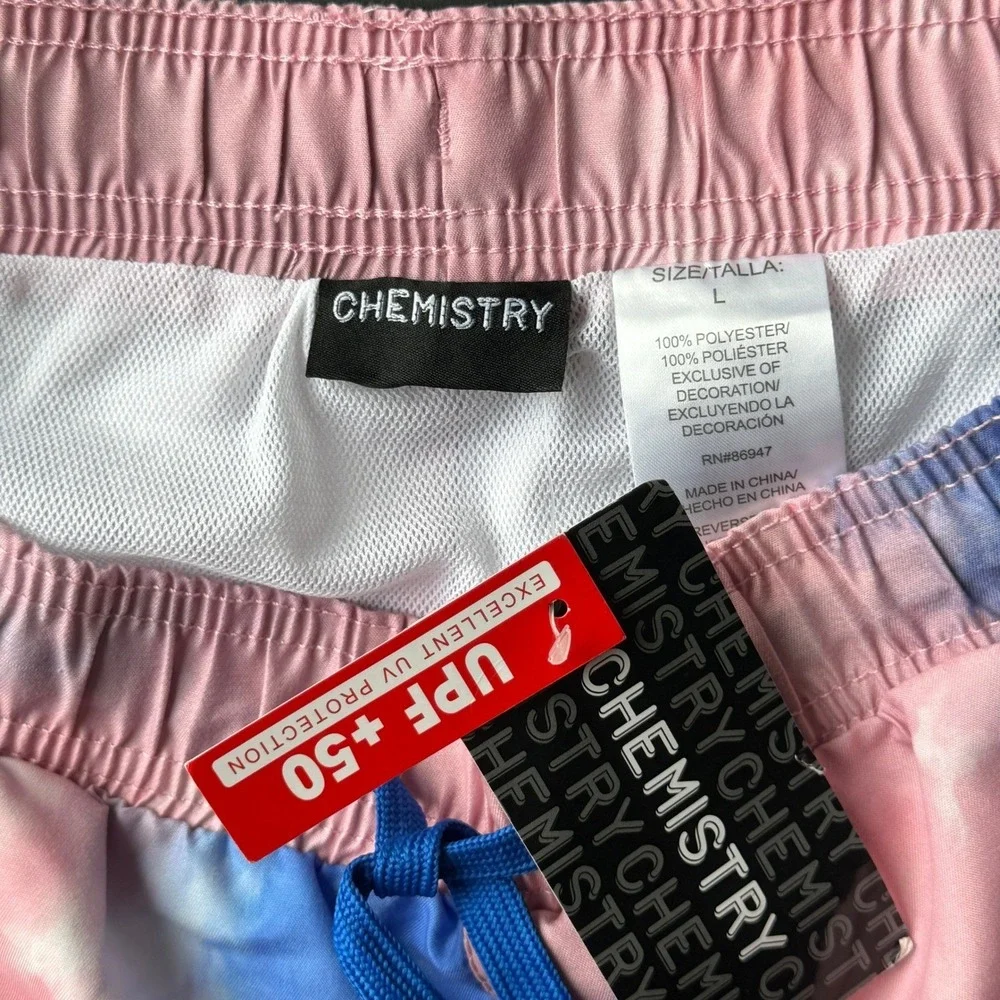 Chemistry Mens Tie Dye Surfing Skeleton Swim Trunks Pink Blue UPF 50+ Large NWT